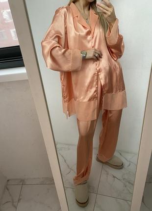 Пижама персиковая комплект для дома сатиновая атласная большого размера