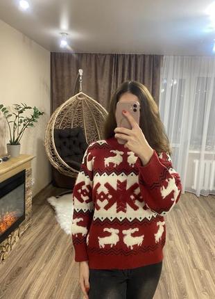 Свитер новогодний с оленями новый теплый красный с белым