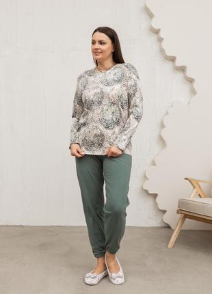 Батальний комплект зі штанами - акварельний візерунок - кофтинка в рубчик