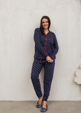 Піжама жіноча батал на ґудзиках - у горошок та сердечки