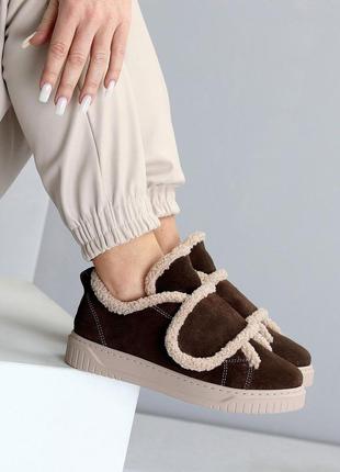 Женские замшевые коричневые дутики автоледи зимние дутые ботинки натуральная замша зима