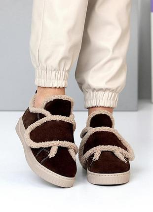 Женские замшевые коричневые дутики автоледи зимние дутые ботинки натуральная замша зима