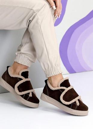 Женские замшевые коричневые дутики автоледи зимние дутые ботинки натуральная замша зима