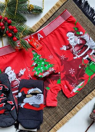 Подарунковий набір: чоловічі труси боксери + махрові шкарпетки 2 пари з новорічними принтами
