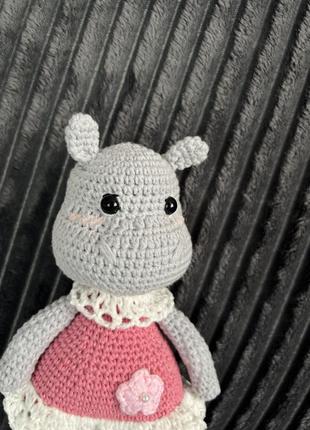 Мʼяка іграшка для дівчинки бегемот сірий та рожевий колір подарунок на свято