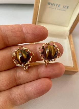 Винтажные серьги клипсы коричневые золотистые американский винтаж