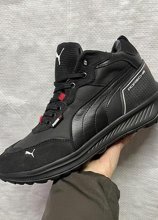 Зимові чоловічі шкіряні черевики-кросівки puma black red кросовки зимние на меху натуральная кожа чёрные