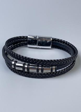 Браслет эко кожа  чорная + метал вставки