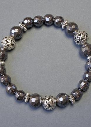 Браслет гематит граненый шарик + метал вставки стрейч