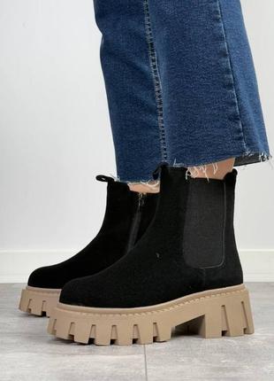 Женские зимние челси ботинки ботинки на высокой подошве утолщенной из натуральной замши замшевые зимние челси ботинки