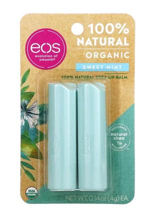 Eos evolution of smooth органічний повністю натуральний бальзам для губ з олією ши, солодка м'ята, 2 штуки в упаковці, 4 г