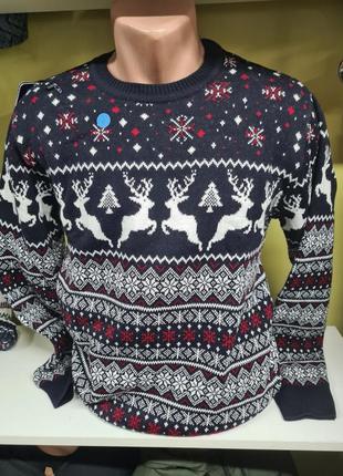 Светр з оленями чоловічий, новорічний светр з круглим горлом синій, чоловічий светр з оленями, светр з орнаментом