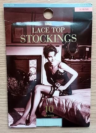 Винтажные чулки 10 den bhs с кружевом под пояс цвет миндаль