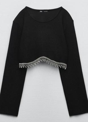 Укороченный свободный новогодний топ на длинный рукав с стразами zara, черный лонг с бахромой