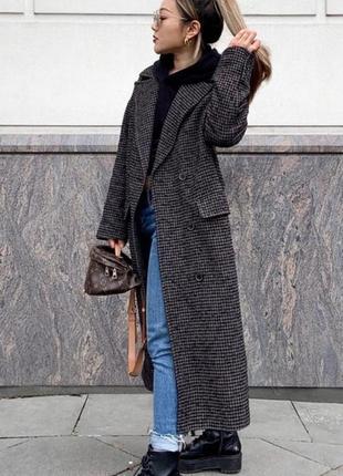Пальто принт в гусячу лапку коричневе довге oversize l zara 2106/440