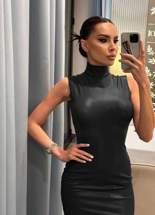 Кожаное платье миди без рукавов под горло платье черная коричневая из экокожи из кожужа по...