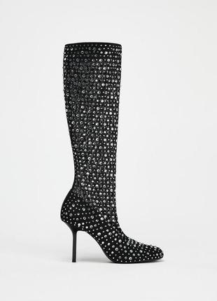 Zara сетчатые сапоги на каблуке со стразами