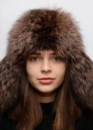 Шапка кожаная ушанка маховая чернобурка