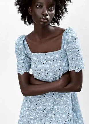 Zara стильное мини платье платье-мини, прошва вышивка ришелье перфорация бренд zara, s