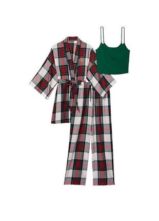Піжама flannel 3-piece set white & green plaid victoria's secret