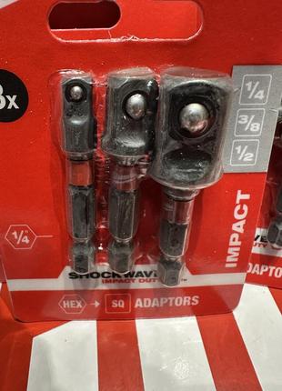 Набор переходников milwaukee с 1/4''hex на квадраты 1/4", 3/8", 1/2" (3шт) (4932479228)
