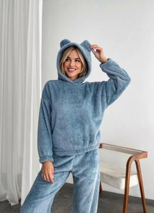 Пижама женская теплая махровая кофта штаны плюшевая с капюшоном зимняя на зимний домашний костюм бежевая белая розовая черная коричневая батал