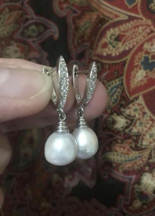 Сережки з натуральними великими перлинами  ( покриття родій)