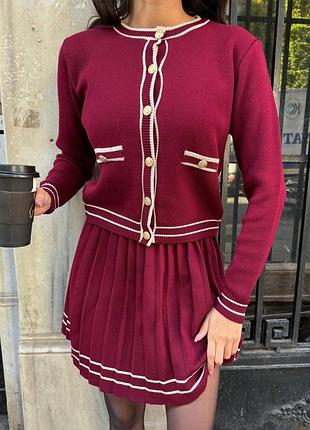 Костюм кардиган спідниця пліссе чорний бордо7 фото