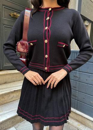 Костюм кардиган спідниця пліссе чорний бордо3 фото