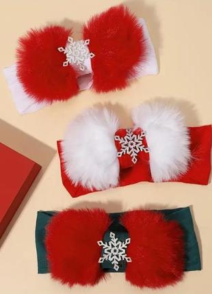 Новогодние детские нейлоновые повязки с пушистыми бантиками и снежинкой!