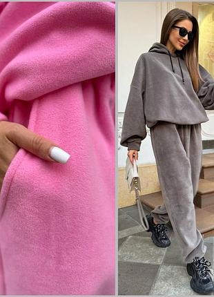Теплый костюм на флисе спортивный оверсайз бежевый серый женский/флисовый из флиса женский