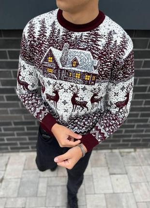 Новорічний шерстяний светр з оленями і будиночком