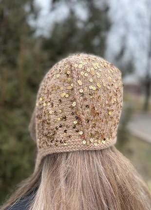 Чепчик с пайетками, шапочка бонет, модная женская шапка, ручная работа