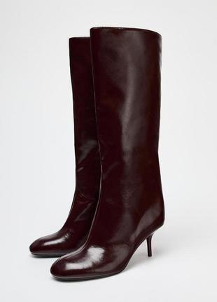 Високі широкі чоботи бордові zara new