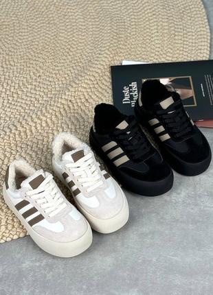 Зимові теплі беж/чорні кросівки кеди з хутром 35.5-39