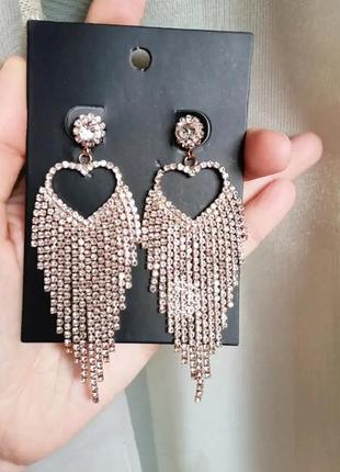 Серьги вечірні довгі сережки серця сердечко золоті золото