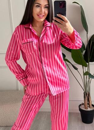 Пижама женская шелковая брюки рубашка в полоску с сердечками зимняя на зимний домашний костюм розовая белая серая черная леопардовая