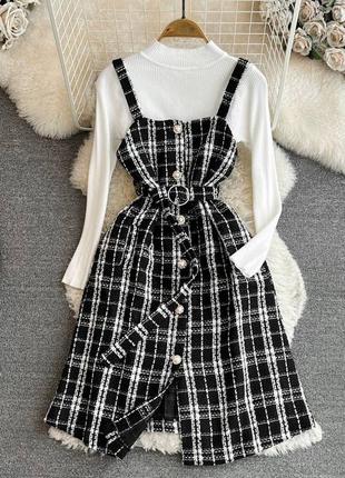 Элегантный женский твидовый сарафан в комплекте с белым гольфиком, с изящными пуговицами и акцентным поясом в комплекте✨