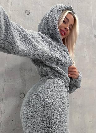 ❤️ шикарный теплый плюшевый комбинезон тедди тенды мех жэнский брючный плющ с капюшоном серый2 фото
