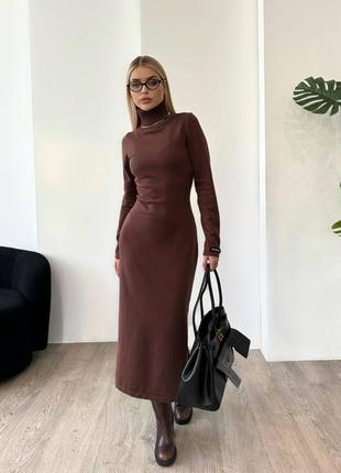 Платье под balenciaga трикотажное длинное коричневое под горло с разрезом по ноге5 фото