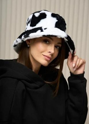 Панама no brand зимняя теплая cow меховая черная с белым