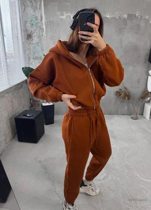 Женский спортивный костюм теплый худи брюки коричневый