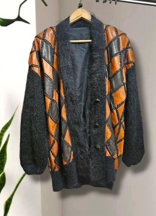Кофта кардиган шерсть мохер из кусочков кожи vintage большой размер