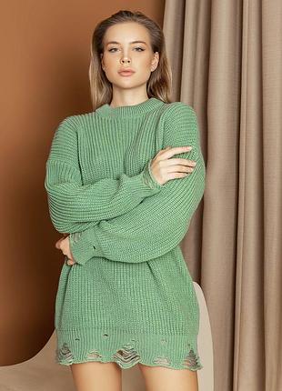 Теплая вязаная туника рваная оверсайз