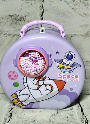 Копилка для денег детская для девочки космос металлическая с кодовым замком 15х14х9 см сиреневая