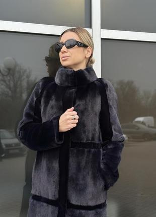 Норкова шуба стрижена норка синя шуба