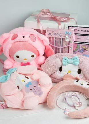 Большой подарочный набор melody (sanrio): мягкая игрушка, сумка, пенал, стекербук, ободок, украшения, канцтовары в подарочной упаковке