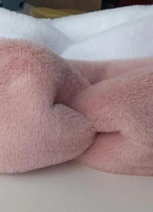 Теплая меховая зимняя повязка на голову цвет нежно персиковый