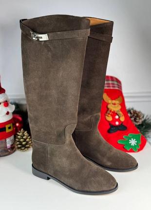 Коричневые замшевые ботинки hermes lux со всеми лого