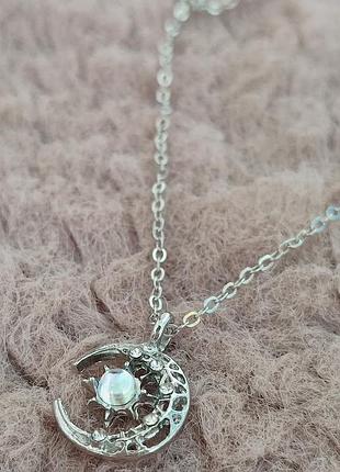 Подвеска с луной, подвеска с камушками, колье с луной, ожерелье, серебро, украшение,...